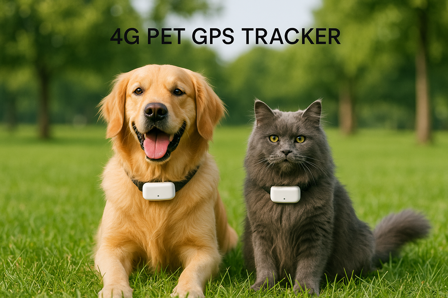 A friendly golden retriever and a fluffy, gray cat sitting side-by-side in a lush green park. Both animals are wearing white GPS trackers on their collars. The GPS trackers should have a simple, minimalist design. Above them, in a clean, black sans-serif font, add the text: "4G PET GPS TRACKER". The overall style should be a bright, clear photograph with a natural feel.