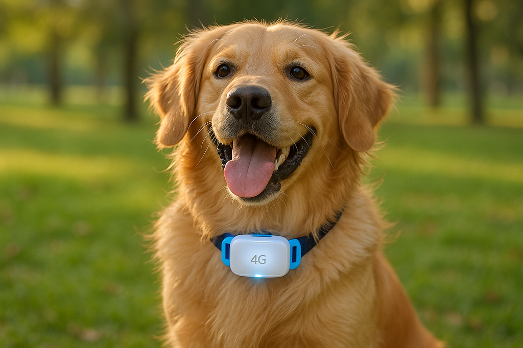 A golden retriever dog outdoors, happily wearing a white 4G GPS tracker with blue side clips securely attached to its collar. The tracker is clearly visible on the dog’s neck, glowing slightly to highlight smart technology. The background shows a natural outdoor park with soft sunlight, green grass, and a safe, caring atmosphere. The dog looks energetic, playful, and comfortable with the tracker.