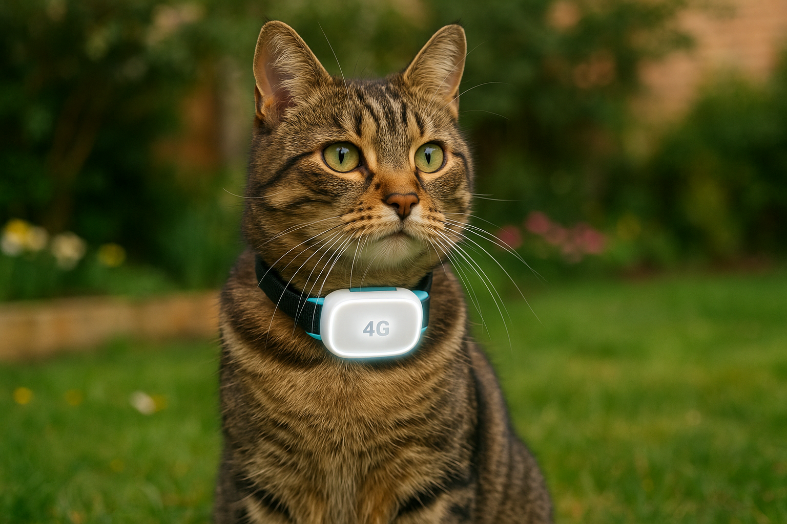 A healthy domestic cat sitting calmly outdoors, wearing a white 4G GPS tracker with blue side clips on its collar. The tracker is clearly visible around the cat’s neck, glowing slightly to highlight smart technology. The background shows a cozy garden with grass and flowers, giving a safe and caring atmosphere. The cat looks comfortable, alert, and curious.