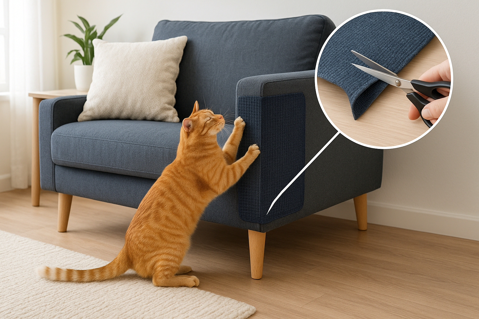 “Stylish cat-friendly living! Self-Adhesive Cat Scratch Pad protecting your sofa and furniture. Show a happy ginger cat scratching the dark blue pad on a modern sofa. Highlight easy customization with a close-up of scissors cutting the pad. Bright, natural light, cozy home vibe, clean e-commerce style.”